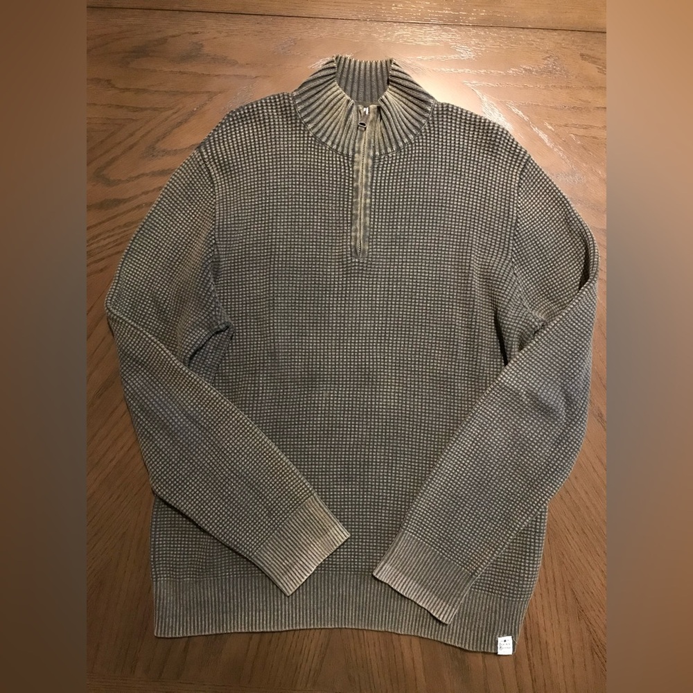 Lucky Brand Mens Large Zip Sweater Waffle Knit Olive Green